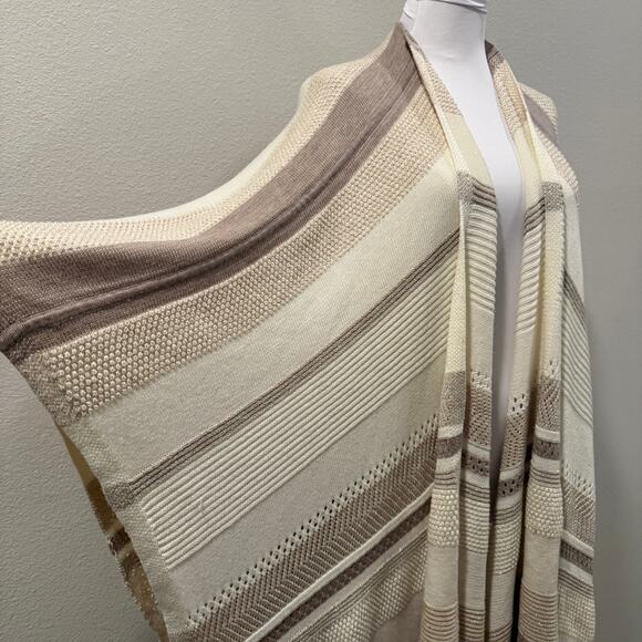 WHBM Wool Blend Knit Shawl Wrap M/L Neutral Cream Striped Shimmer Cape Poncho - Picture 6 of 8